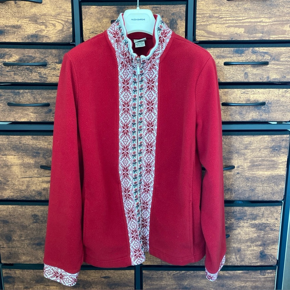 L.L. Bean Fleece Jacket Womens M Fair Isle Nordic Full Zip Pockets Warm Cozy